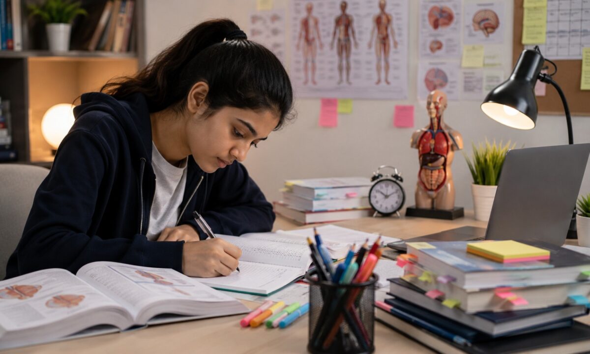 Student preparing for NEET Re-Exam 2026 with NCERT books, mock tests, revision notes, OMR sheet, and strategic study plan to improve NEET UG score