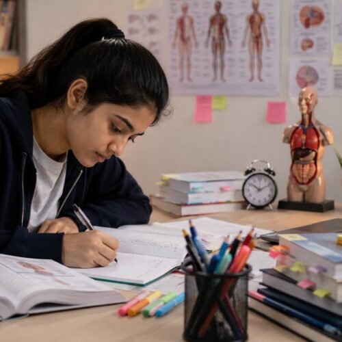 Student preparing for NEET Re-Exam 2026 with NCERT books, mock tests, revision notes, OMR sheet, and strategic study plan to improve NEET UG score