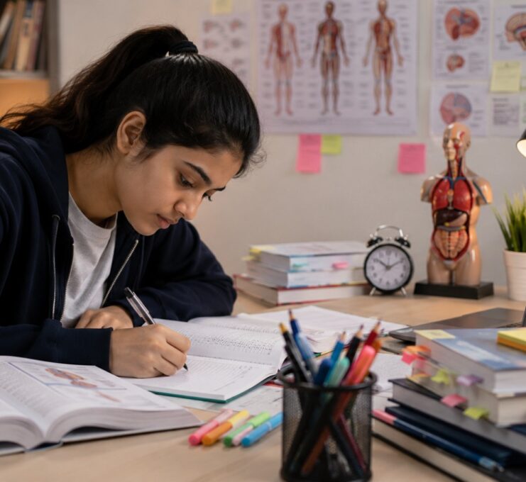 Student preparing for NEET Re-Exam 2026 with NCERT books, mock tests, revision notes, OMR sheet, and strategic study plan to improve NEET UG score