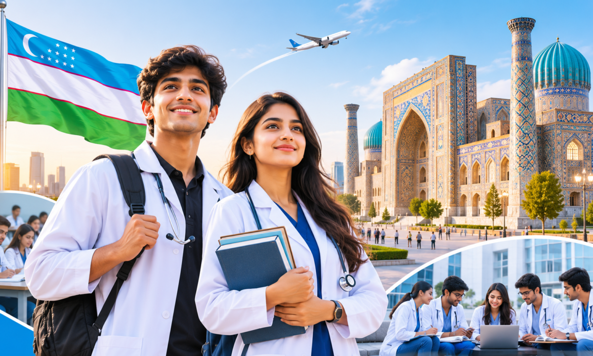 MBBS in Uzbekistan for Indian students – medical students standing in front of famous Uzbekistan landmarks representing affordable NMC-compliant medical education in 2026.