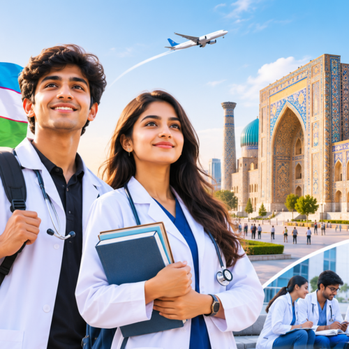 MBBS in Uzbekistan for Indian students – medical students standing in front of famous Uzbekistan landmarks representing affordable NMC-compliant medical education in 2026.