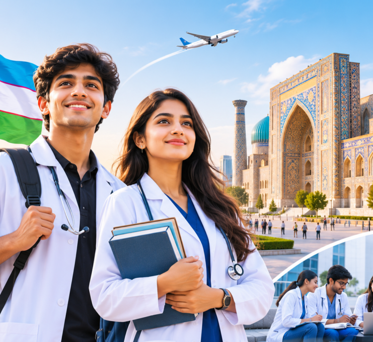 MBBS in Uzbekistan for Indian students – medical students standing in front of famous Uzbekistan landmarks representing affordable NMC-compliant medical education in 2026.