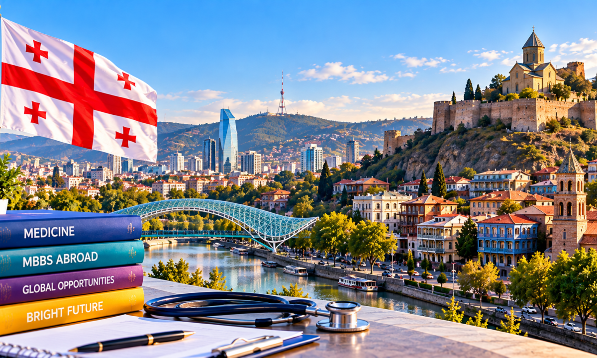 MBBS in Georgia 6 years or 8 years with Tbilisi skyline and medical study materials