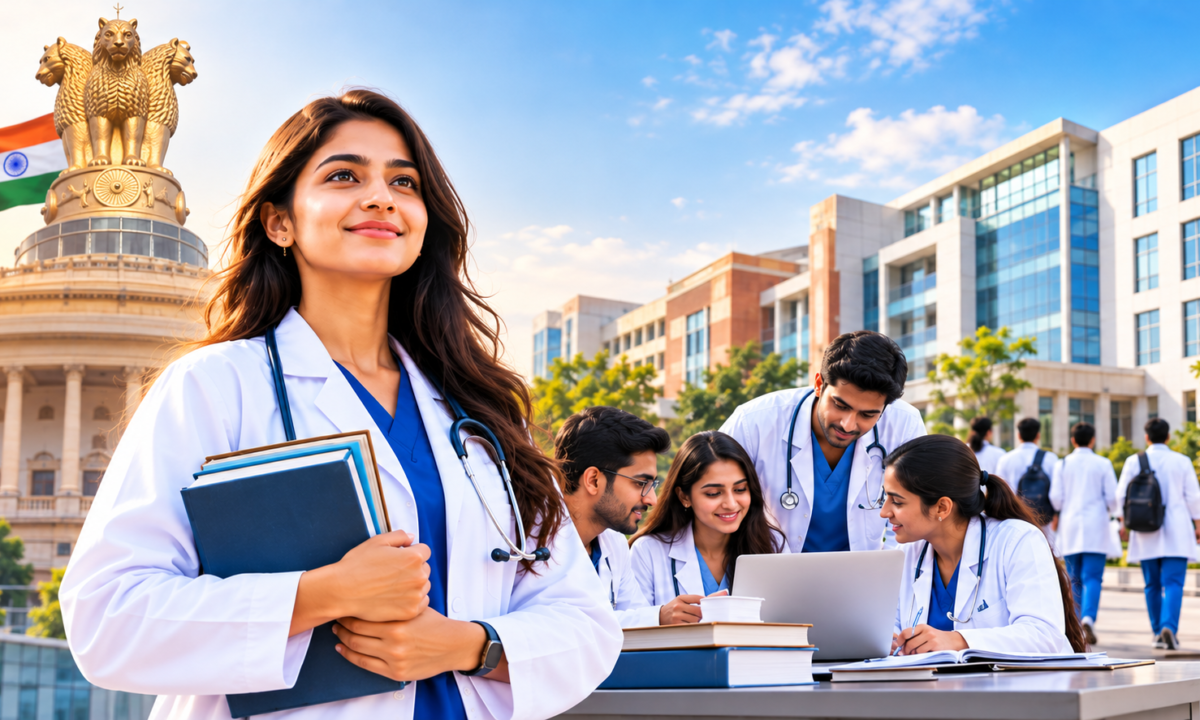NEET PG admission 2026 in India with medical students and doctors outside a medical college, representing MCC counselling, MD MS seats and postgraduate medical education
