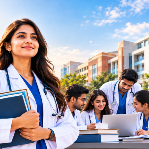 NEET PG admission 2026 in India with medical students and doctors outside a medical college, representing MCC counselling, MD MS seats and postgraduate medical education