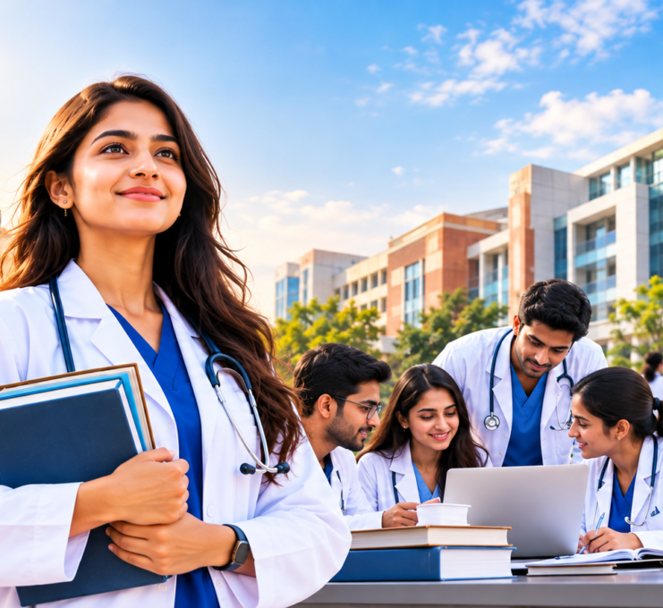 NEET PG admission 2026 in India with medical students and doctors outside a medical college, representing MCC counselling, MD MS seats and postgraduate medical education